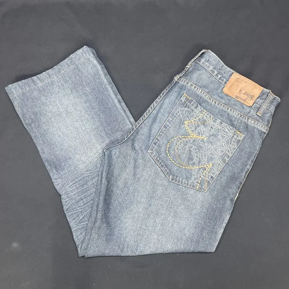 Marc Ecko Jeans Mens Boot Cut Fits 36x27 Med Wash Faded Cowboy Baggy Y2K Cut Sew
